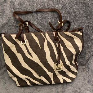 Michael Kors Zebra Print Canvas Leather Trim Tote
